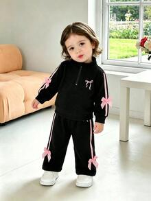 SHEIN 女嬰黑色連帽衫休閒甜美蝴蝶結刺繡長袖兩件套 - 黑色 - 查看 8