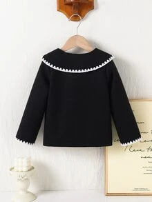 SHEIN Elladie kids Jaket Anak Perempuan Model French Wave dengan Kerah Lebar, Patchwork Seluruh Badan, Manset Putih, Patchwork Bulu Putih, Lembut dan Serbaguna, Cocok untuk Musim Gugur/Dingin. - Hitam dan Putih - View 2