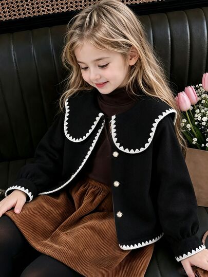 SHEIN Elladie kids Jaket Anak Perempuan Model French Wave dengan Kerah Lebar, Patchwork Seluruh Badan, Manset Putih, Patchwork Bulu Putih, Lembut dan Serbaguna, Cocok untuk Musim Gugur/Dingin.