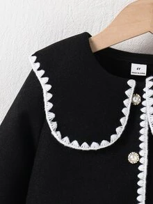 SHEIN Elladie kids Jaket Anak Perempuan Model French Wave dengan Kerah Lebar, Patchwork Seluruh Badan, Manset Putih, Patchwork Bulu Putih, Lembut dan Serbaguna, Cocok untuk Musim Gugur/Dingin. - Hitam dan Putih - View 5