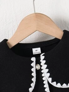 SHEIN Elladie kids Jaket Anak Perempuan Model French Wave dengan Kerah Lebar, Patchwork Seluruh Badan, Manset Putih, Patchwork Bulu Putih, Lembut dan Serbaguna, Cocok untuk Musim Gugur/Dingin. - Hitam dan Putih - View 7