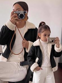 SHEIN Elladie kids 女童 Madeline 風格黑色麂皮與羊羔絨複合夾克，柔軟麂皮與羊羔絨複合材質，細緻保暖，領口、下擺與袖口飾有奶油色羊羔絨，融合復古與甜酷時尚的俏皮設計，黑色複合夾克 1 件，秋冬款 - 彩色 - 查看 4