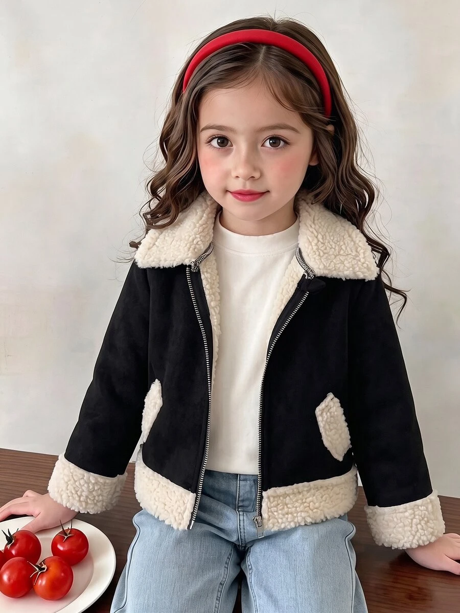 SHEIN Elladie kids 女童 Madeline 風格黑色麂皮與羊羔絨複合夾克，柔軟麂皮與羊羔絨複合材質，細緻保暖，領口、下擺與袖口飾有奶油色羊羔絨，融合復古與甜酷時尚的俏皮設計，黑色複合夾克 1 件，秋冬款