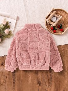 SHEIN Elladie kids 女童可愛粉色毛茸茸心形圖案人造毛皮立領拉鍊抓絨外套，冬季保暖外套 - 粉色 - 查看 2