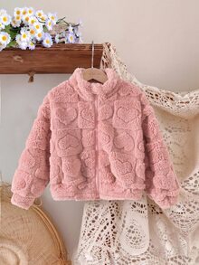 SHEIN Elladie kids 女童可愛粉色毛茸茸心形圖案人造毛皮立領拉鍊抓絨外套，冬季保暖外套 - 粉色 - 查看 6