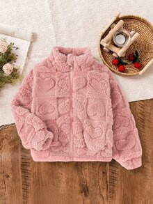 SHEIN Elladie kids 女童可愛粉色毛茸茸心形圖案人造毛皮立領拉鍊抓絨外套，冬季保暖外套 - 粉色 - 查看 7
