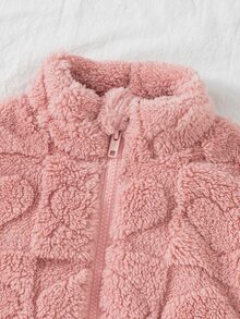 SHEIN Elladie kids 女童可愛粉色毛茸茸心形圖案人造毛皮立領拉鍊抓絨外套，冬季保暖外套 - 粉色 - 查看 8