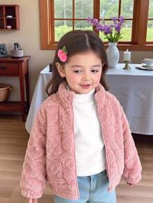 SHEIN Elladie kids 女童可愛粉色毛茸茸心形圖案人造毛皮立領拉鍊抓絨外套，冬季保暖外套 - 粉色 - 查看 4