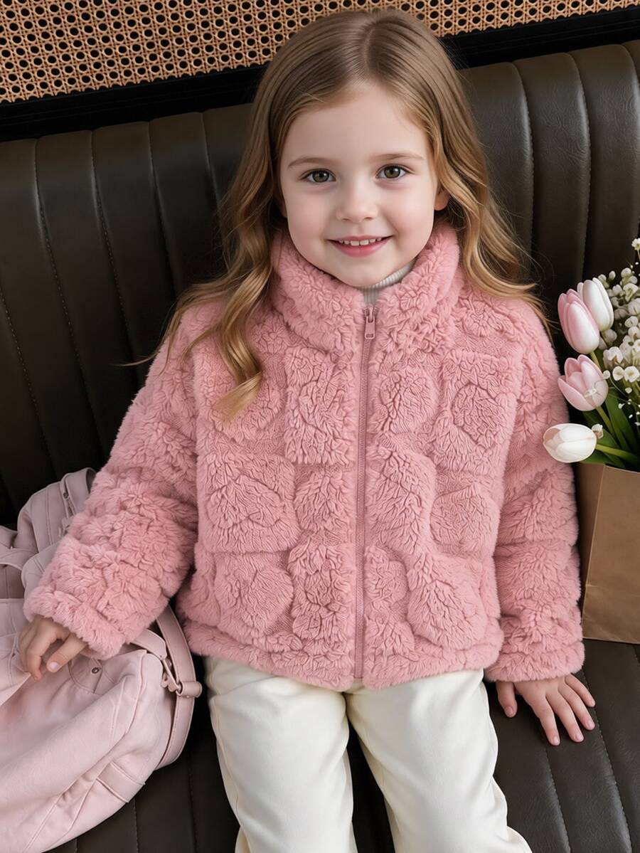 SHEIN Elladie kids 女童可愛粉色毛茸茸心形圖案人造毛皮立領拉鍊抓絨外套,冬季保暖外套 - 粉色 - 查看 1