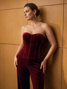 MOTF PREMIUM WOMEN'S PLUS SIZE VELVET FITTED TUBE TOP FALL - Burgundy - View 4