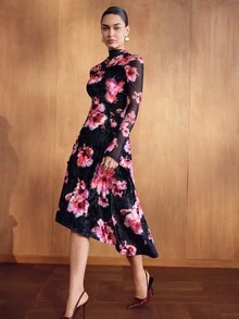 MOTF PREMIUM GAUN WANITA ELEGAN MOTIF BUNGA SEKSI LENGAN PANJANG - MultiWarna - View 1
