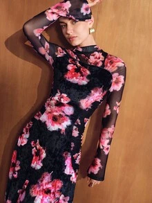 MOTF PREMIUM GAUN WANITA ELEGAN MOTIF BUNGA SEKSI LENGAN PANJANG - MultiWarna - View 5