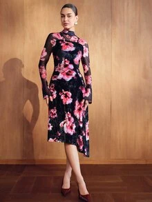MOTF PREMIUM GAUN WANITA ELEGAN MOTIF BUNGA SEKSI LENGAN PANJANG - MultiWarna - View 4