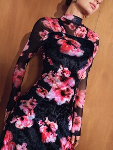 MOTF PREMIUM GAUN WANITA ELEGAN MOTIF BUNGA SEKSI LENGAN PANJANG - MultiWarna - View 2