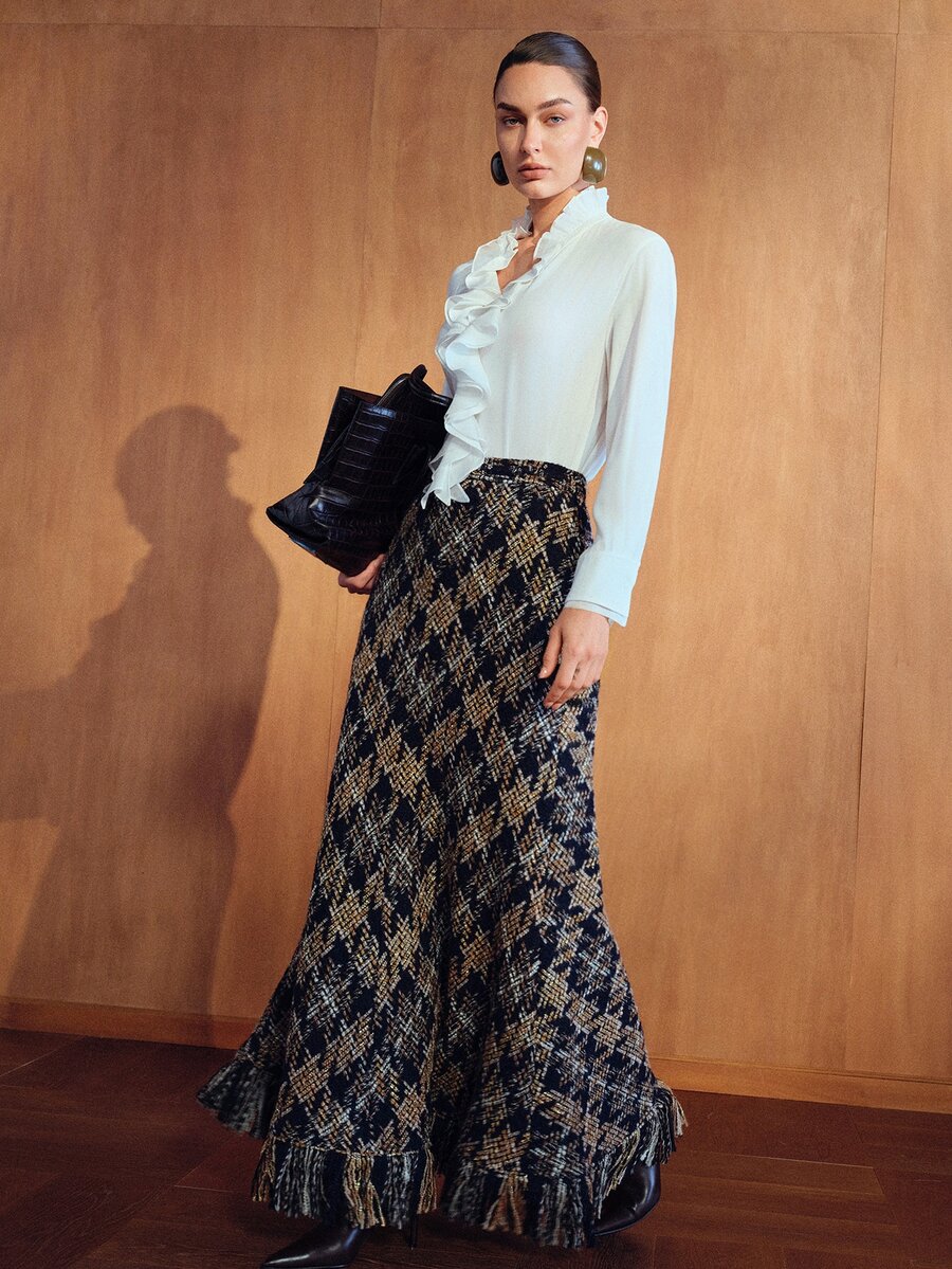 MOTF PREMIUM ROK PANJANG WANITA ELEGAN BERMOTIF KOTAK-KOTAK DENGAN HIASAN RUMBAI DI BAGIAN BAWAH