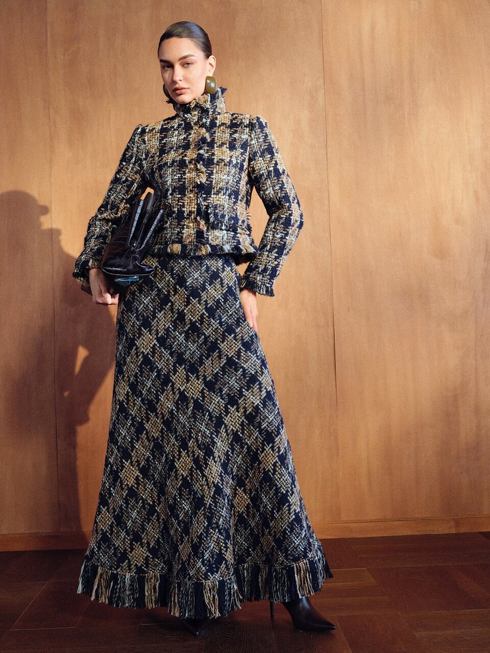 MOTF WOMEN'S ELEGANT PLAID LONG SKIRT WITH TASSEL HEM