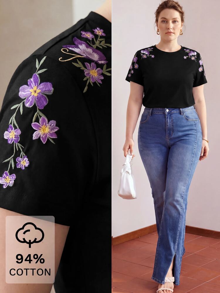 MOTF PREMIUM PLUS SIZE SUMMER DELICATE FLORAL EMBROIDERED T-SHIRT - Black - View 1