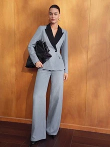 MOTF PREMIUM Blazer wanita modis, elegan, berkancing ganda dengan motif blok warna, membuat pinggang terlihat lebih ramping, pakaian luar serbaguna untuk bepergian. - Grey - View 1