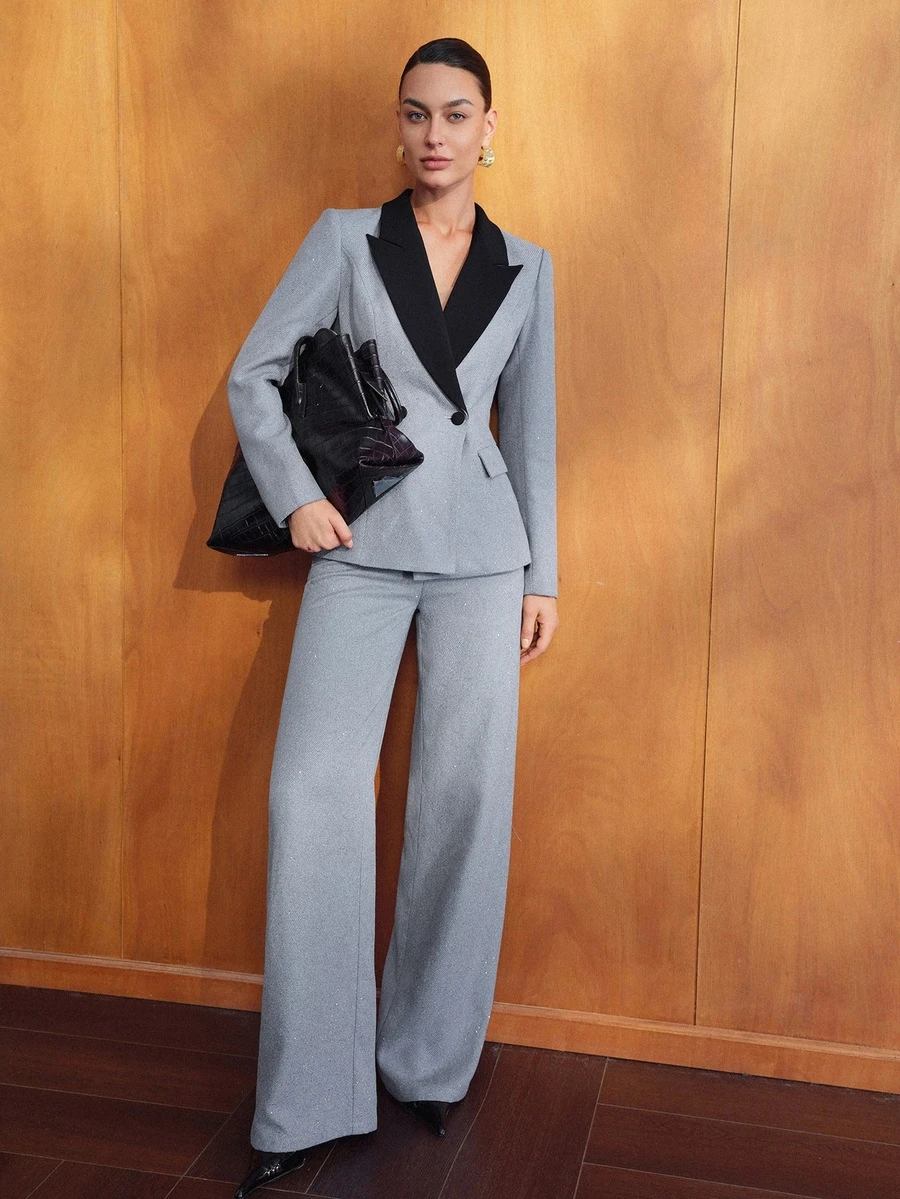 MOTF PREMIUM Blazer wanita modis, elegan, berkancing ganda dengan motif blok warna, membuat pinggang terlihat lebih ramping, pakaian luar serbaguna untuk bepergian. - Grey - View 1
