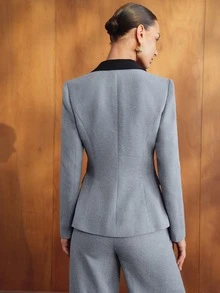 MOTF PREMIUM Blazer wanita modis, elegan, berkancing ganda dengan motif blok warna, membuat pinggang terlihat lebih ramping, pakaian luar serbaguna untuk bepergian. - Grey - View 7