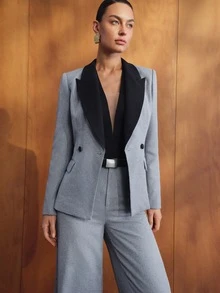 MOTF PREMIUM Blazer wanita modis, elegan, berkancing ganda dengan motif blok warna, membuat pinggang terlihat lebih ramping, pakaian luar serbaguna untuk bepergian. - Grey - View 3