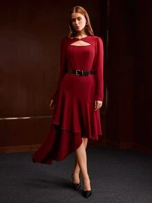 MOTF PREMIUM ELEGANT ELEGANT YOUNG LADY COMMUTER MID-LENGTH DRESS - Burgundy - View 4