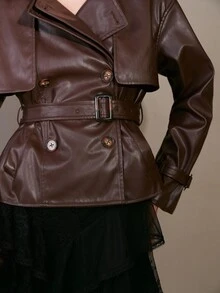 MOTF PREMIUM WOMEN'S LOOSE TIE CINCHED WAIST FAUX LEATHER TRENCH COAT , AUTUMN/WINTER - Brown - View 6