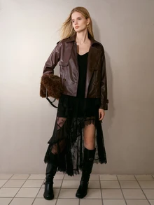 MOTF PREMIUM WOMEN'S LOOSE TIE CINCHED WAIST FAUX LEATHER TRENCH COAT , AUTUMN/WINTER - Brown - View 4
