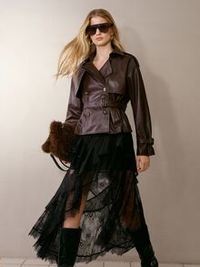 MOTF PREMIUM WOMEN'S LOOSE TIE CINCHED WAIST FAUX LEATHER TRENCH COAT , AUTUMN/WINTER - Brown - View 7