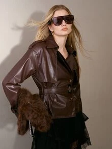 MOTF PREMIUM WOMEN'S LOOSE TIE CINCHED WAIST FAUX LEATHER TRENCH COAT , AUTUMN/WINTER - Brown - View 5