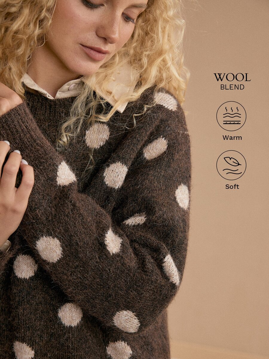 MOTF PREMIUM VINTAGE POLKA DOT WOMEN'S SLOUCHY KNIT SWEATER - Coffee Brown - View 1
