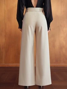 MOTF PREMIUM WOMEN'S SOLID COLOR BUCKLE BELT LOOSE WIDE LEG SUIT PANTS - Khaki - View 3