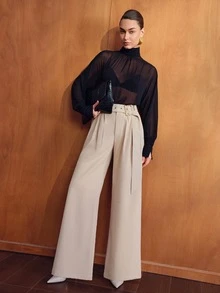MOTF PREMIUM WOMEN'S SOLID COLOR BUCKLE BELT LOOSE WIDE LEG SUIT PANTS - Khaki - View 6