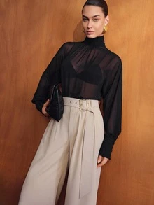 MOTF PREMIUM WOMEN'S SOLID COLOR BUCKLE BELT LOOSE WIDE LEG SUIT PANTS - Khaki - View 7