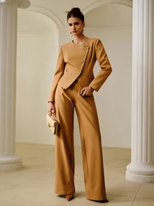 ZEYLAH Elegant Commuter Waist-Cinching Asymmetrical Front Short Blazer - Camel - View 3