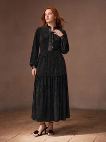 MOTF PREMIUM PLUS SIZE WOMEN'S VELVET LACE-UP DRESS, AUTUMN/WINTER - Black - View 5