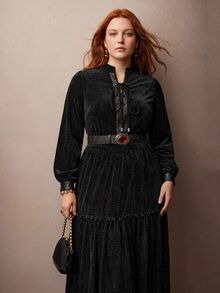 MOTF PREMIUM PLUS SIZE WOMEN'S VELVET LACE-UP DRESS, AUTUMN/WINTER - Black - View 6