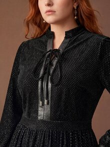MOTF PREMIUM PLUS SIZE WOMEN'S VELVET LACE-UP DRESS, AUTUMN/WINTER - Black - View 1