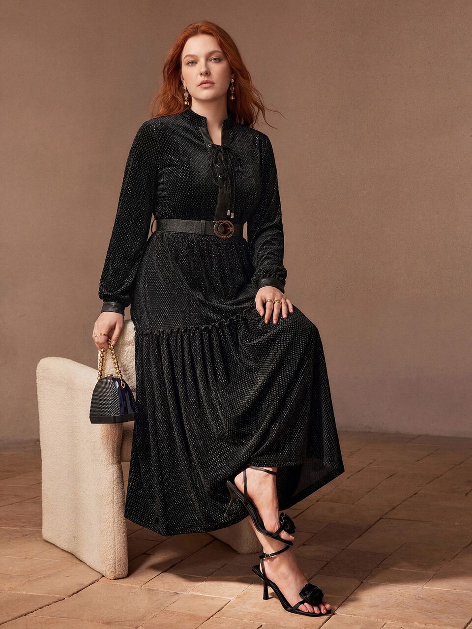 MOTF PLUS SIZE WOMEN'S VELVET LACE-UP DRESS, AUTUMN/WINTER