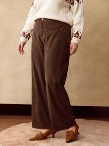 MOTF PREMIUM PLUS SIZE WOMEN'S CORDUROY WIDE LEG PANTS, AUTUMN/WINTER - Coffee Brown - View 4