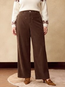 MOTF PREMIUM PLUS SIZE WOMEN'S CORDUROY WIDE LEG PANTS, AUTUMN/WINTER - Coffee Brown - View 2