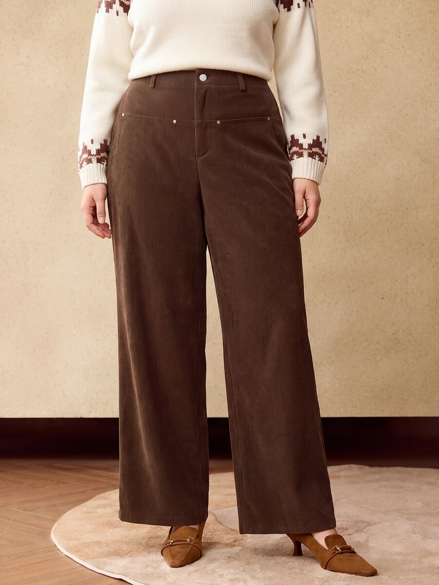 MOTF PREMIUM PLUS SIZE WOMEN'S CORDUROY WIDE LEG PANTS, AUTUMN/WINTER - Coffee Brown - View 2