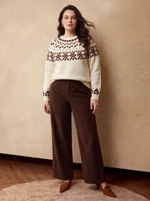 MOTF PREMIUM PLUS SIZE WOMEN'S CORDUROY WIDE LEG PANTS, AUTUMN/WINTER - Coffee Brown - View 3