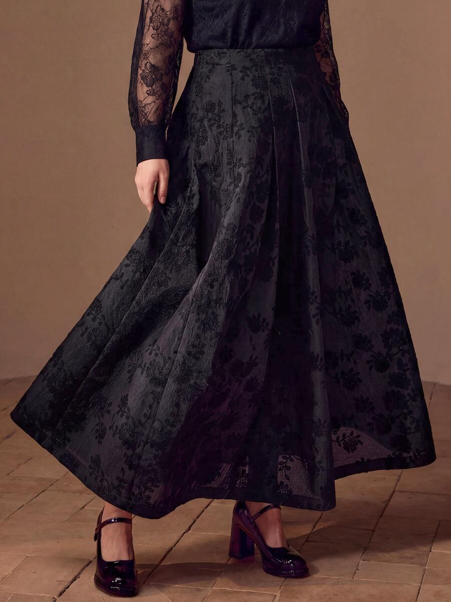 MOTF PREMIUM PLUS SIZE WOMEN'S FOLD PLEATED EMBROIDERED SKIRT - Black - View 1