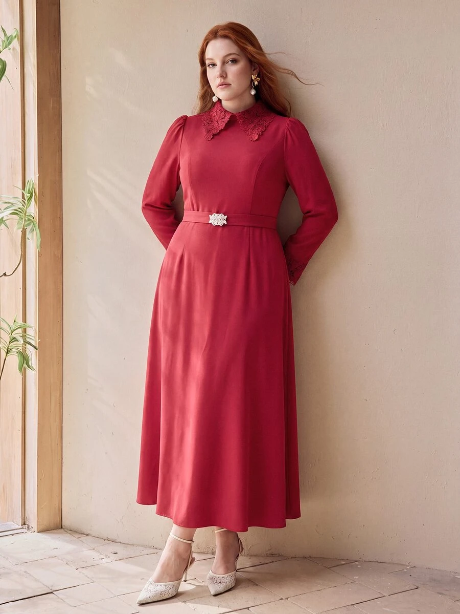 MOTF PREMIUM PLUS SIZE WOMEN'S ELEGANT LACE PATCHWORK AUTUMN/WINTER DRESS - Red - View 2