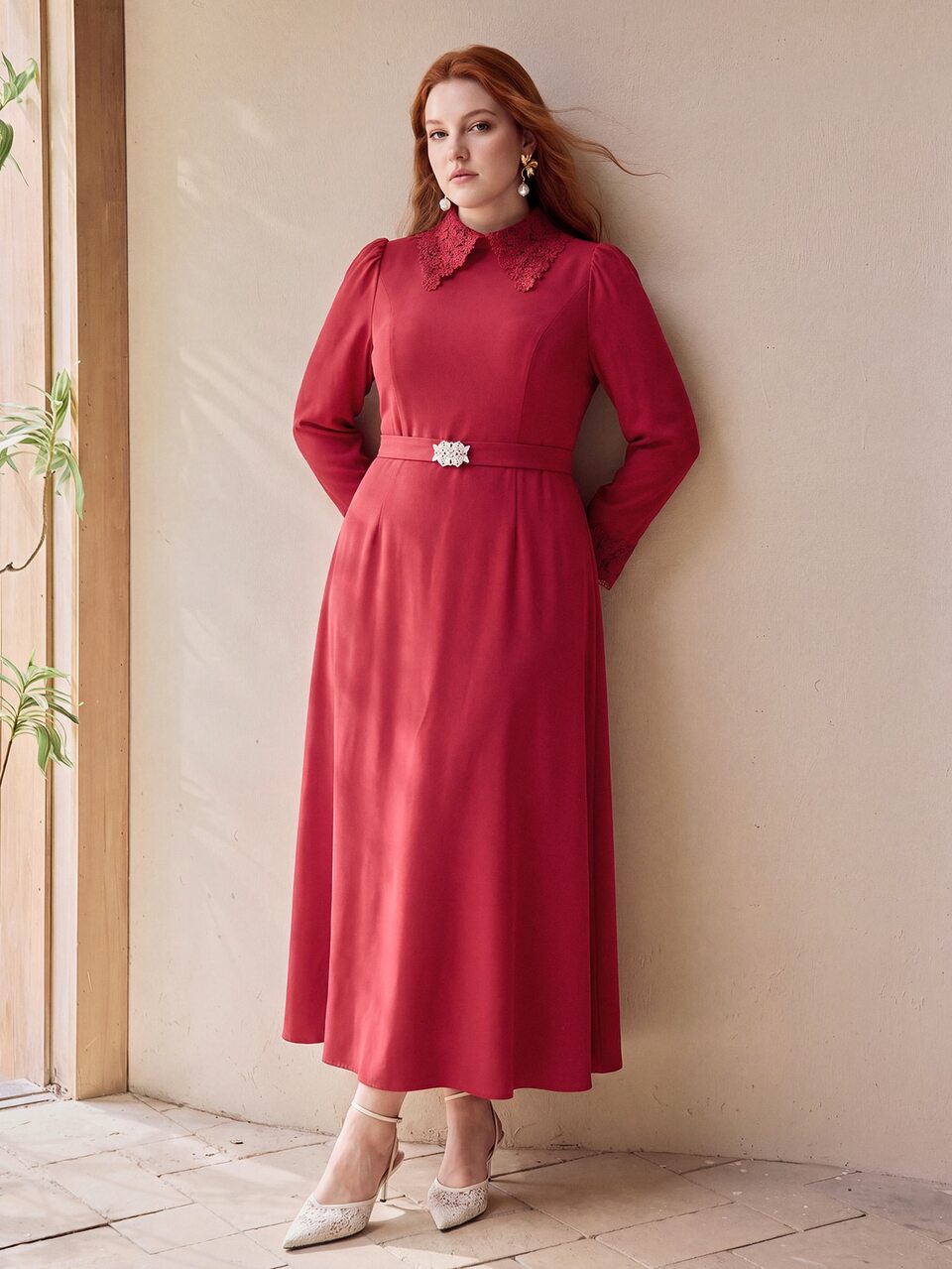 MOTF PLUS SIZE WOMEN'S ELEGANT LACE PATCHWORK AUTUMN/WINTER DRESS