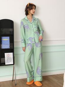 Chillnights Young Fashion Vibrant Fun Minimalist Leopard Print Lapel Front-Open Women's Pajama Set - Green - View 3