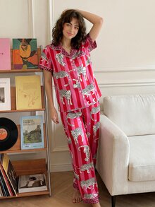 Chillnights Young Casual Colorblock Leopard & Stripe Print Loose Comfortable Tie-Up Satin Women's Pajama Set - Multicolor - View 5