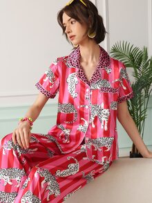 Chillnights Young Casual Colorblock Leopard & Stripe Print Loose Comfortable Tie-Up Satin Women's Pajama Set - Multicolor - View 8