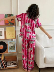Chillnights Young Casual Colorblock Leopard & Stripe Print Loose Comfortable Tie-Up Satin Women's Pajama Set - Multicolor - View 4